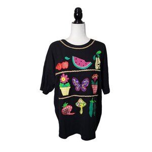 Victoria Jones Women's Top Size L Garden Produce Appliques Pullover